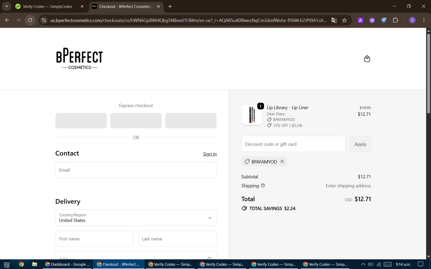 BPerfect Cosmetics promo code screenshot showing code BPAFAMYOD applied at BPerfect Cosmetics checkout page. Uploaded by SimplyCodes community member BudgetHawk9503 on Dec 10, 2025