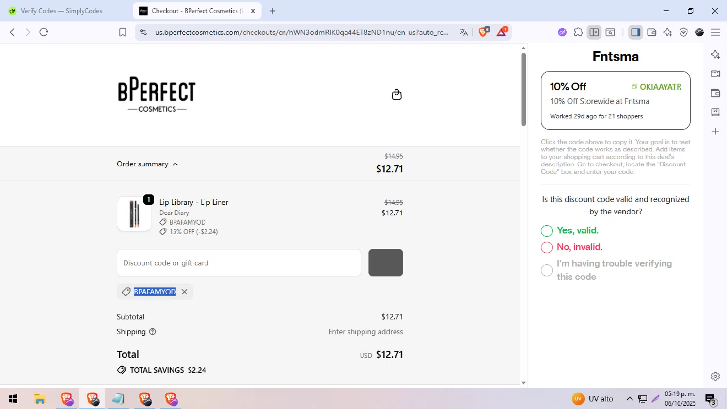 BPerfect Cosmetics promo code screenshot showing code BPAFAMYOD applied at BPerfect Cosmetics checkout page. Uploaded by SimplyCodes community member DiscountDefender1226 on Oct 6, 2025