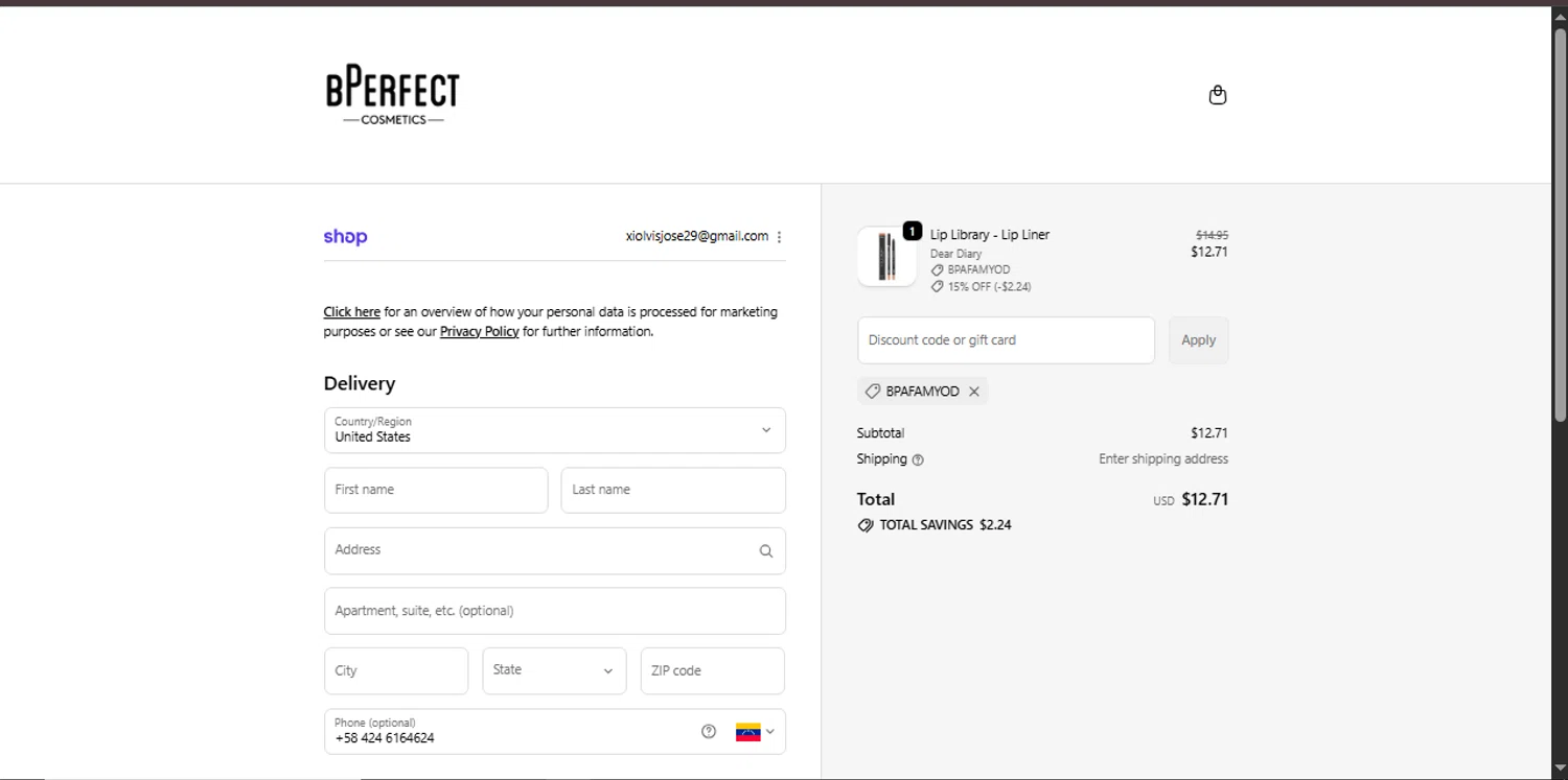 BPerfect Cosmetics promo code screenshot showing code BPAFAMYOD applied at BPerfect Cosmetics checkout page. Uploaded by SimplyCodes community member Xiooh292929 on Nov 14, 2025