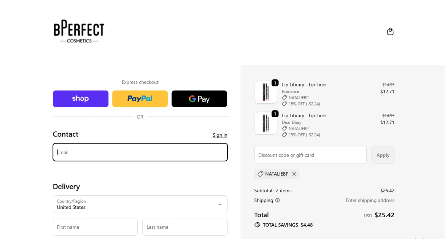 BPerfect Cosmetics promo code screenshot showing code NATALIEBP applied at BPerfect Cosmetics checkout page. Uploaded by SimplyCodes community member Gaby04 on Nov 24, 2025