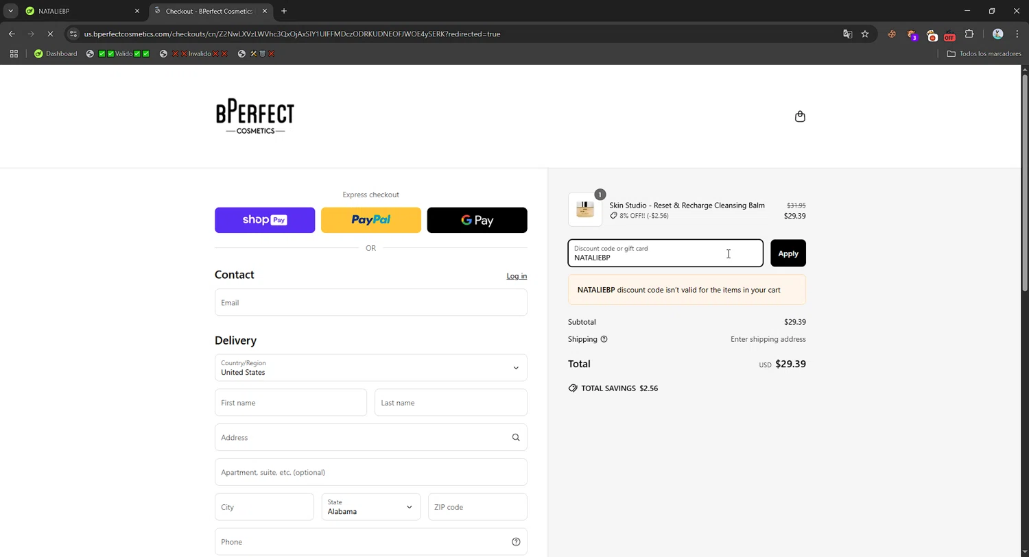 BPerfect Cosmetics promo code screenshot showing code NATALIEBP applied at BPerfect Cosmetics checkout page. Uploaded by SimplyCodes community member Mriko_Kien_lo_lea on May 13, 2025