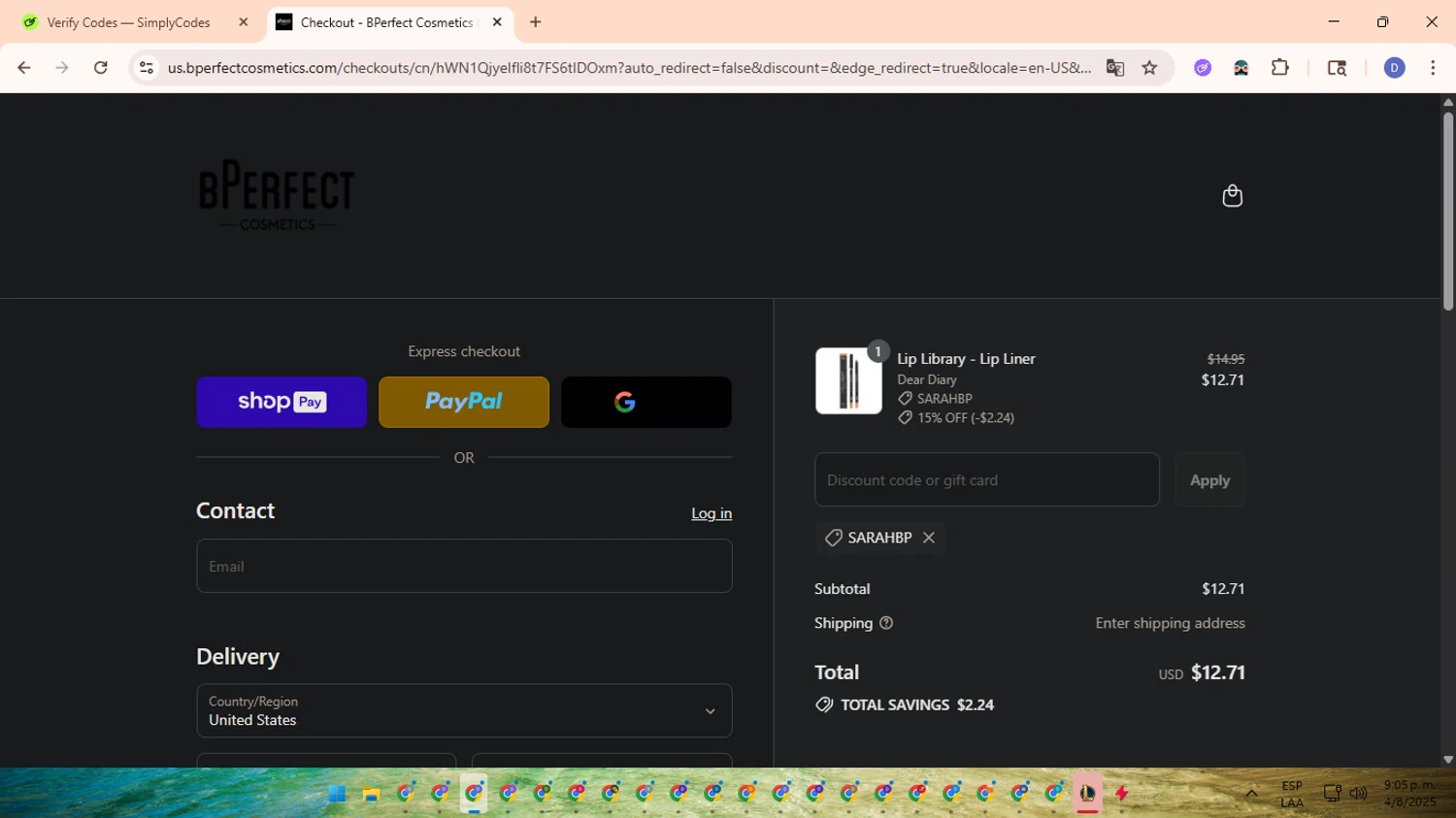 BPerfect Cosmetics promo code screenshot showing code SARAHBP applied at BPerfect Cosmetics checkout page. Uploaded by SimplyCodes community member RewardOwl5959 on Aug 5, 2025