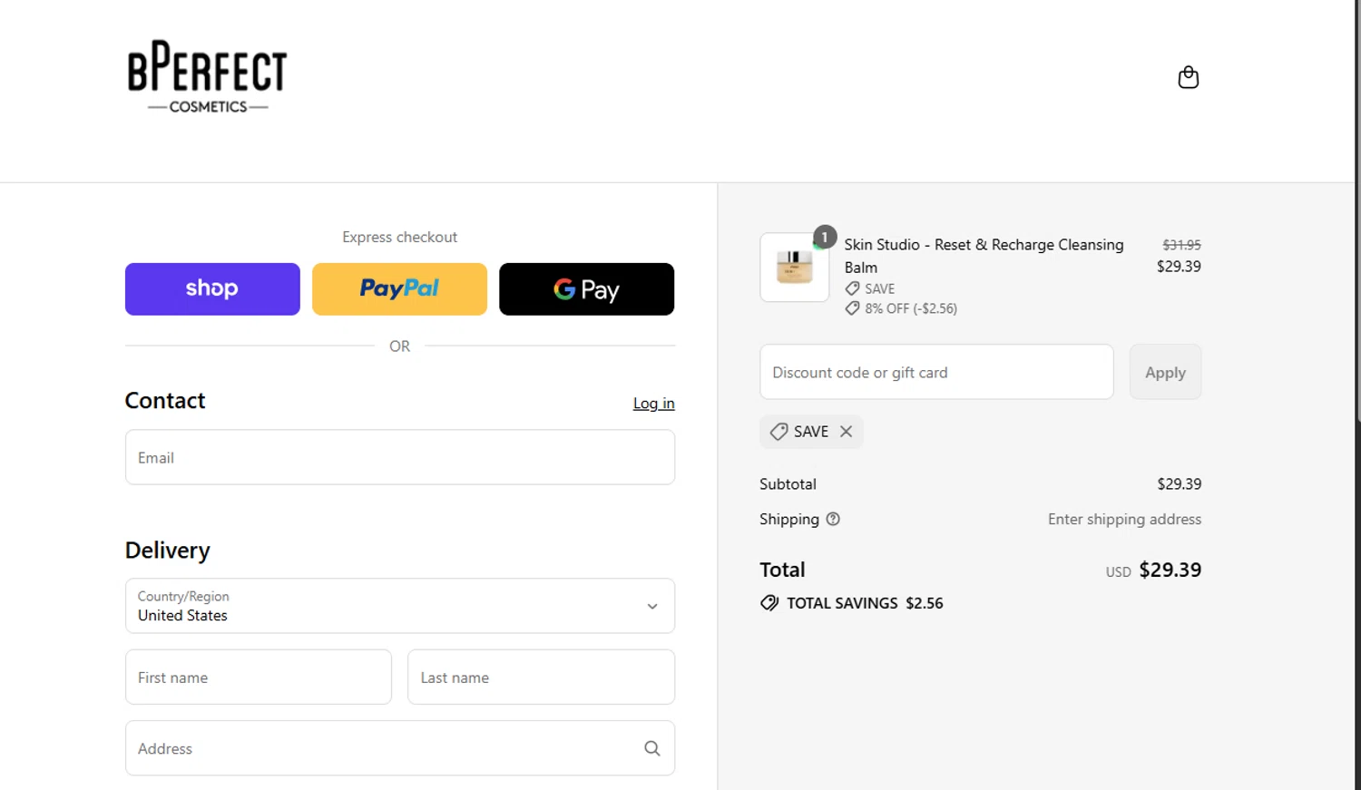 BPerfect Cosmetics promo code screenshot showing code SAVE applied at BPerfect Cosmetics checkout page. Uploaded by SimplyCodes community member joandgray9 on Aug 12, 2025