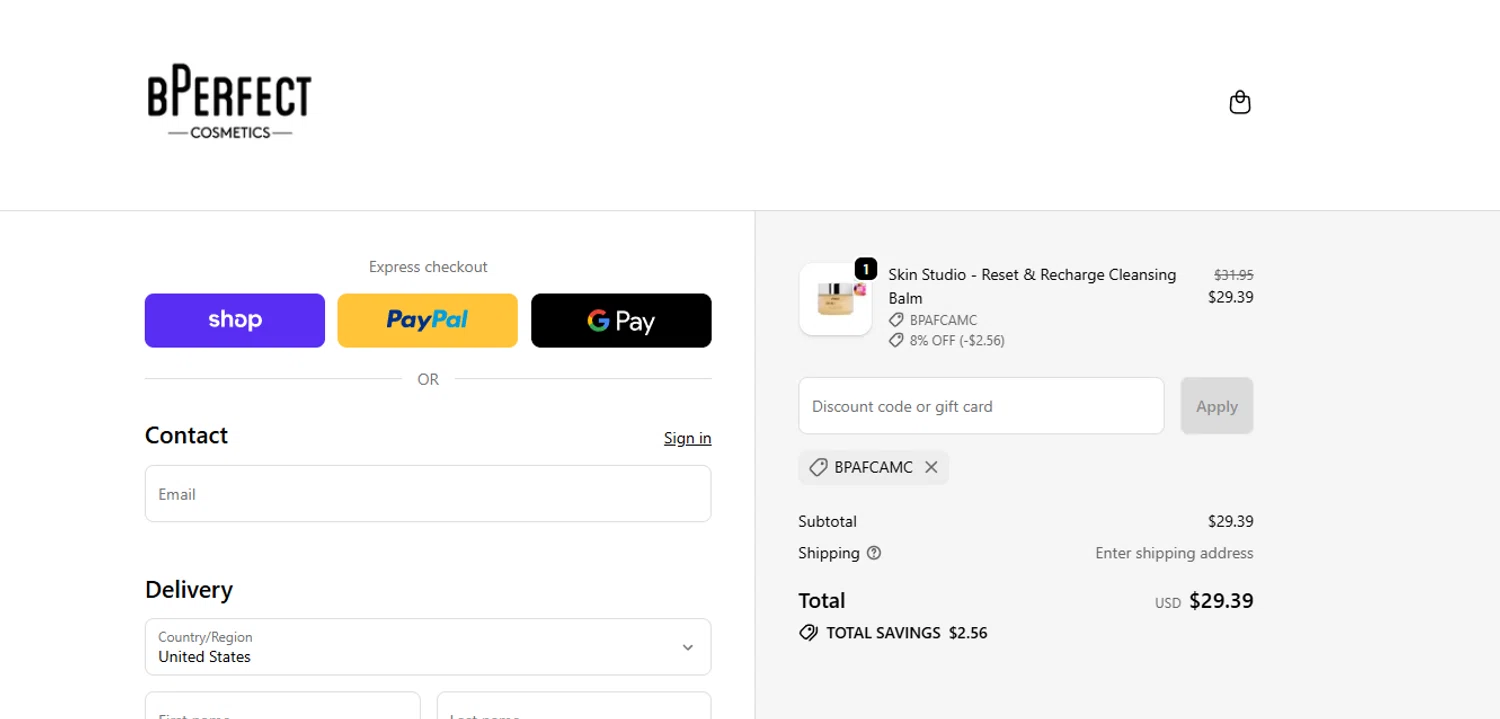 BPerfect Cosmetics promo code screenshot showing code BPAFCAMC applied at BPerfect Cosmetics checkout page. Uploaded by SimplyCodes community member Halanweik on Feb 4, 2026