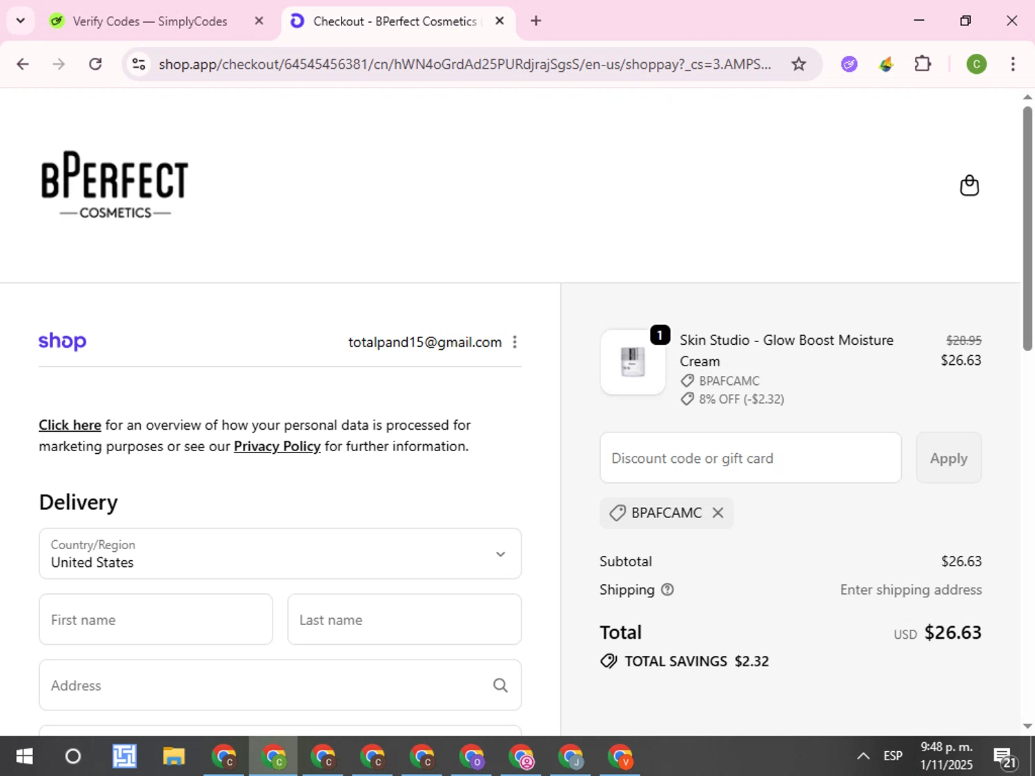 BPerfect Cosmetics promo code screenshot showing code BPAFCAMC applied at BPerfect Cosmetics checkout page. Uploaded by SimplyCodes community member RoyalKnight4673 on Nov 2, 2025