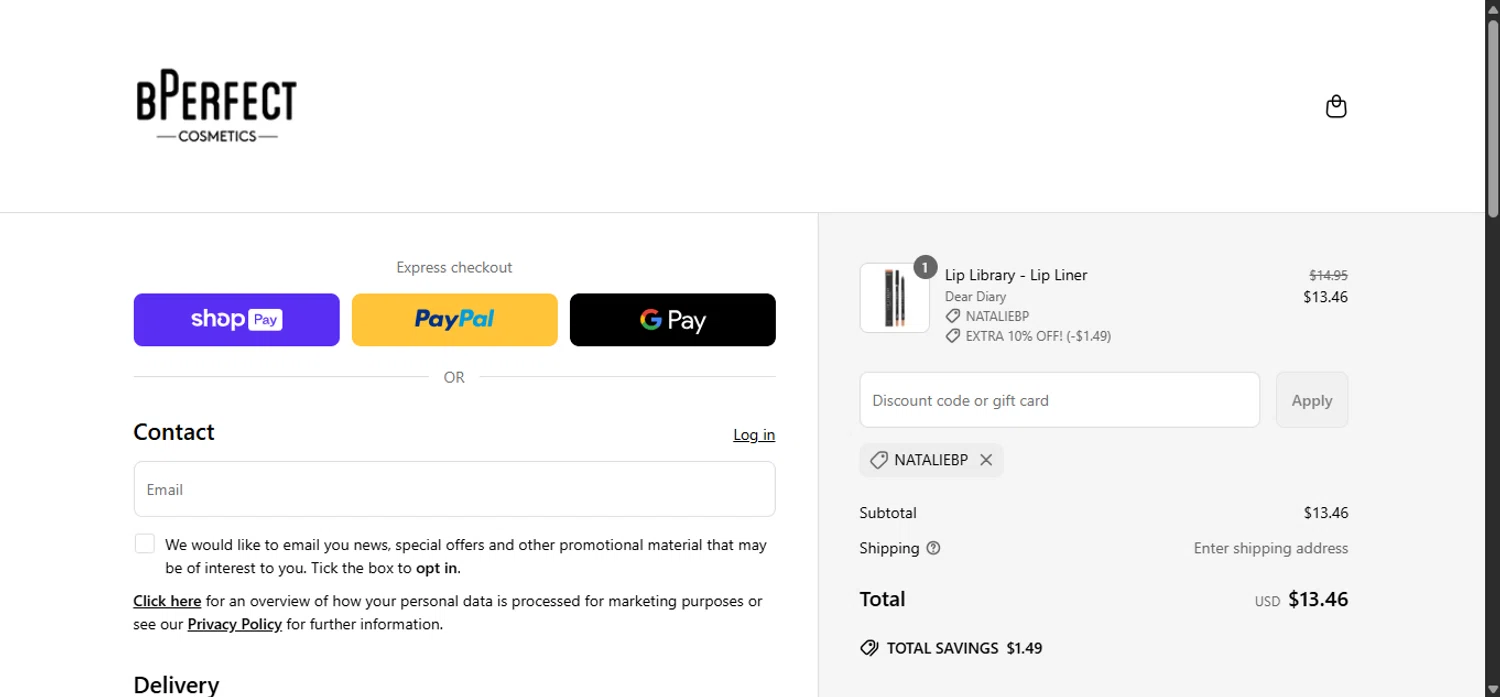 BPerfect Cosmetics promo code screenshot showing code NATALIEBP applied at BPerfect Cosmetics checkout page. Uploaded by SimplyCodes community member emejota on May 13, 2025