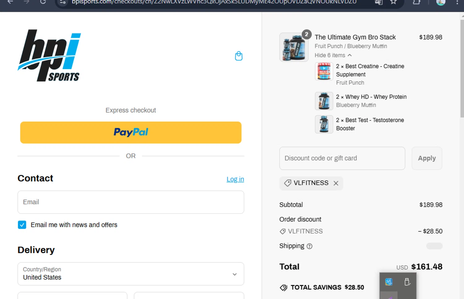 BPI Sports coupon code screenshot showing code VLFITNESS applied at BPI Sports checkout page. Uploaded by SimplyCodes community member toti2222 on Mar 5, 2025