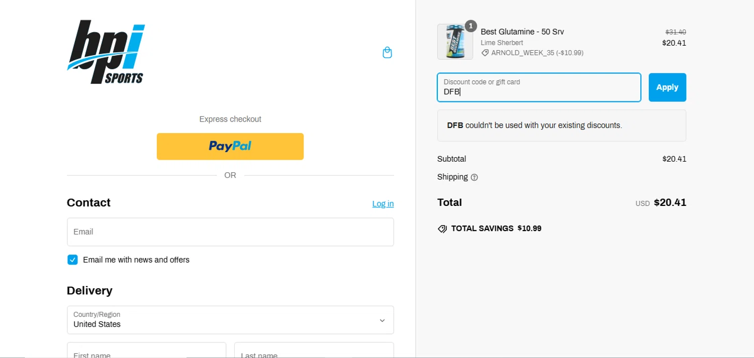 BPI Sports coupon code screenshot showing code DFB applied at BPI Sports checkout page. Uploaded by SimplyCodes community member VoucherSleuth8988 on Mar 1, 2025