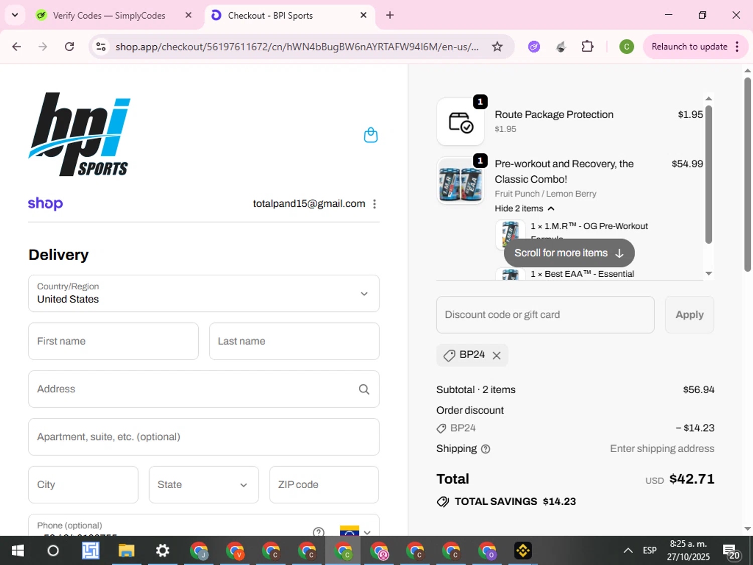 BPI Sports coupon code screenshot showing code BP24 applied at BPI Sports checkout page. Uploaded by SimplyCodes community member RoyalKnight4673 on Oct 27, 2025