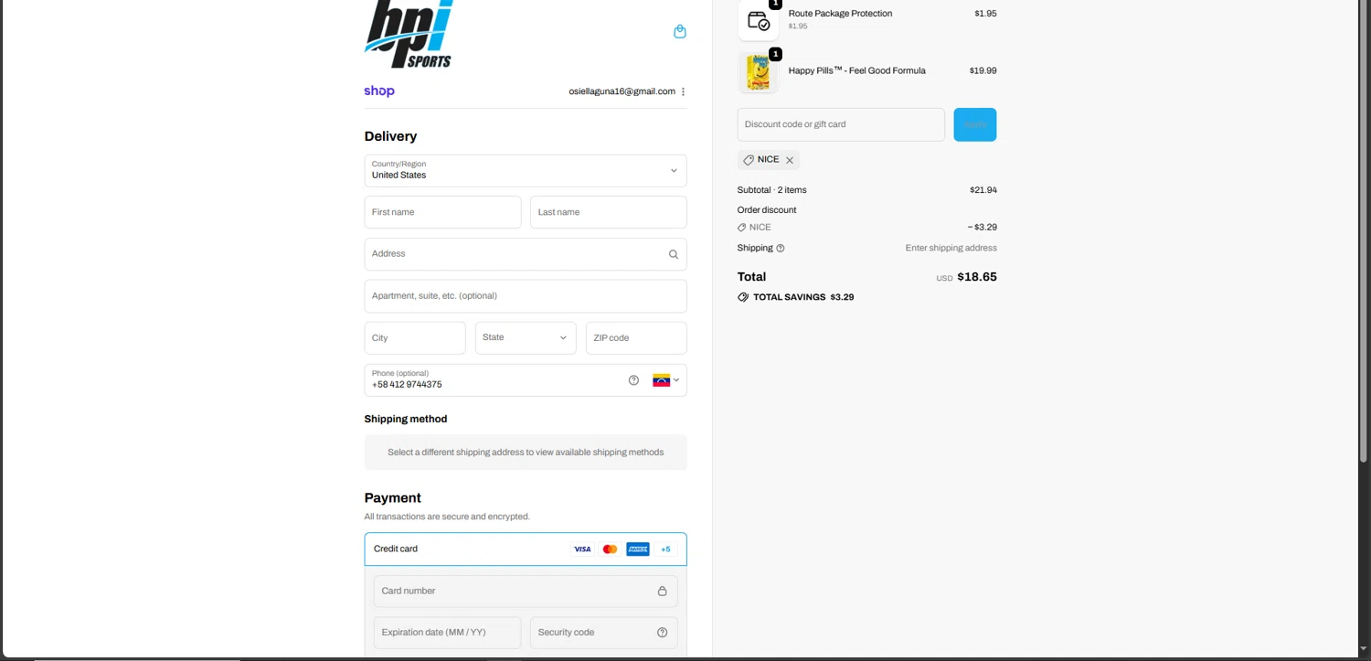 BPI Sports coupon code screenshot showing code NICE applied at BPI Sports checkout page. Uploaded by SimplyCodes community member FrugalElite775 on Sep 25, 2025