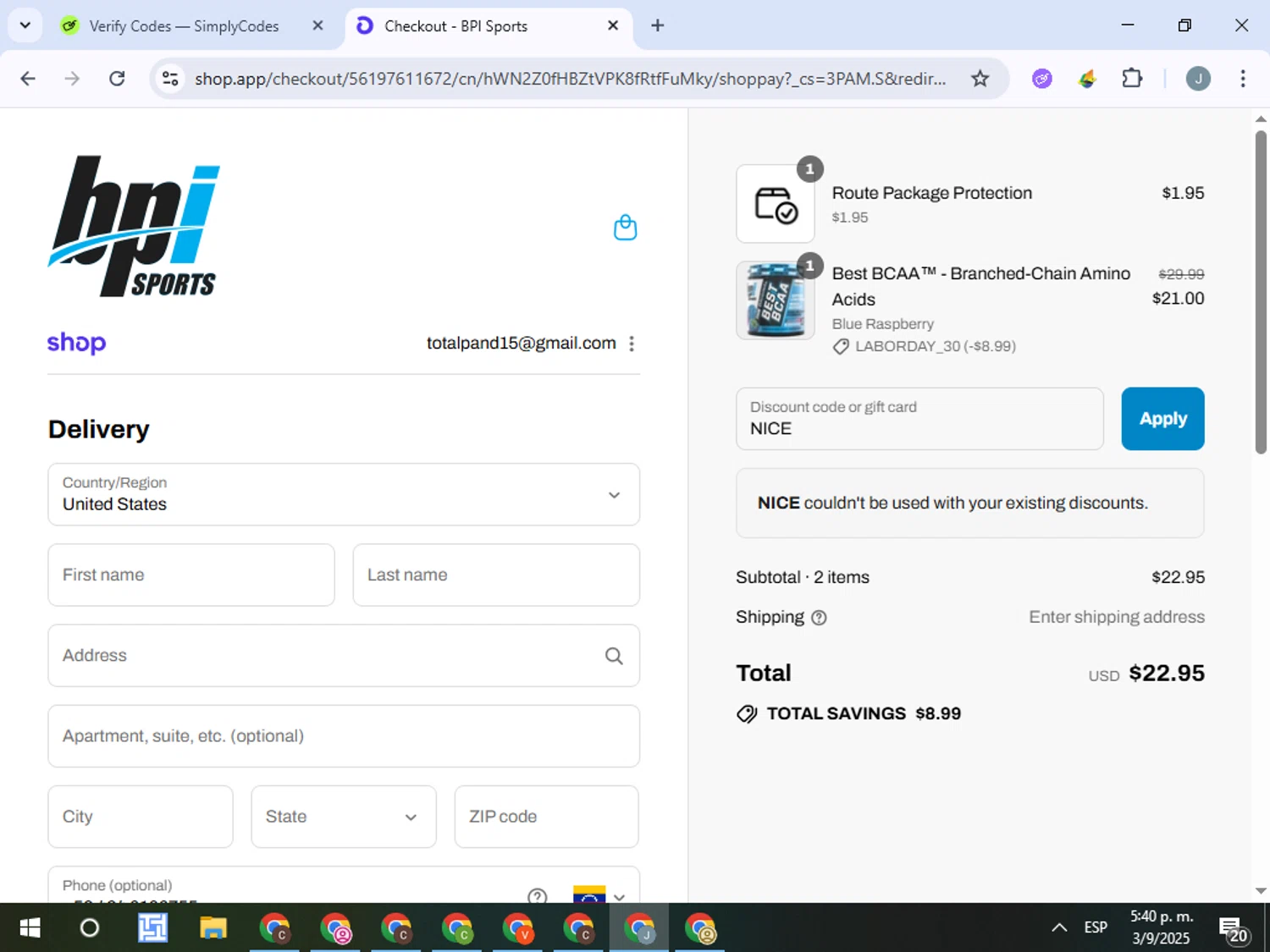 BPI Sports coupon code screenshot showing code NICE applied at BPI Sports checkout page. Uploaded by SimplyCodes community member ValueTracker8384 on Sep 3, 2025
