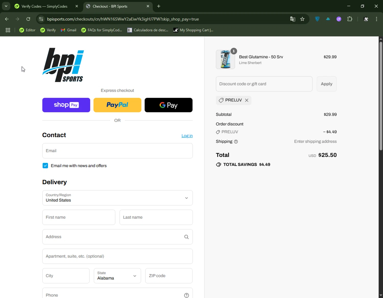 BPI Sports coupon code screenshot showing code PRELUV applied at BPI Sports checkout page. Uploaded by SimplyCodes community member FelixelGato on Jul 27, 2025