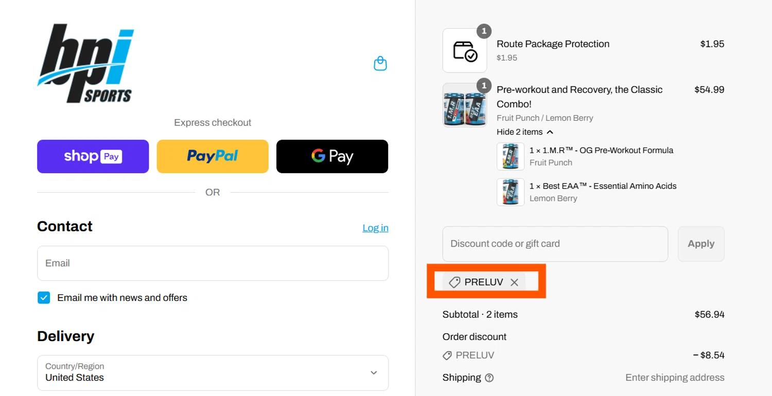 BPI Sports coupon code screenshot showing code PRELUV applied at BPI Sports checkout page. Uploaded by SimplyCodes community member CleverSentinel4477 on Jul 27, 2025