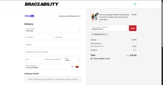 BraceAbility checkout page showing BraceAbility discount code box | Screenshot taken by SimplyCodes community member on Aug 23, 2025