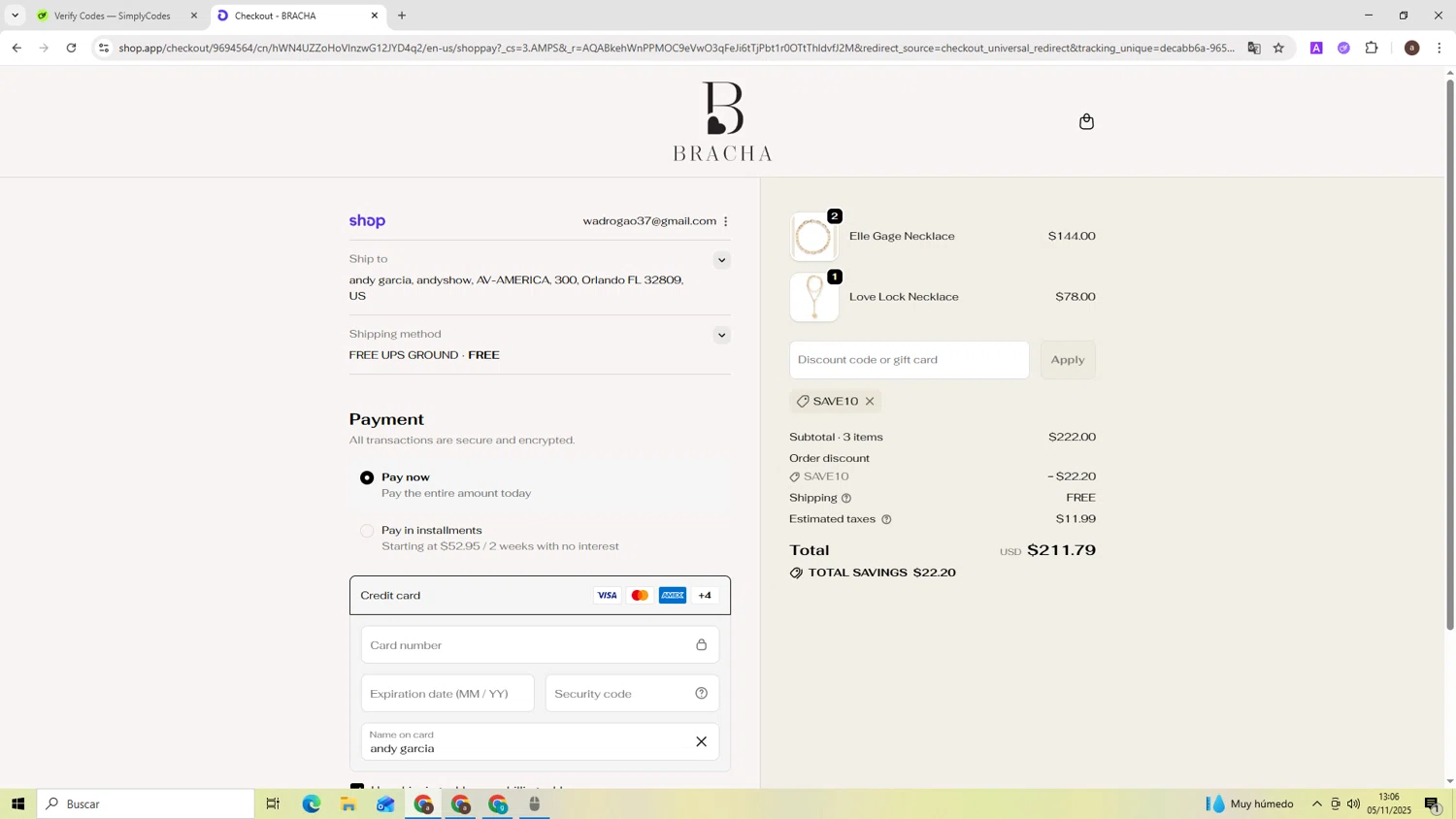 Bracha discount code screenshot showing code SAVE10 applied at Bracha checkout page. Uploaded by SimplyCodes community member ShieldAdmiral2781 on Nov 5, 2025