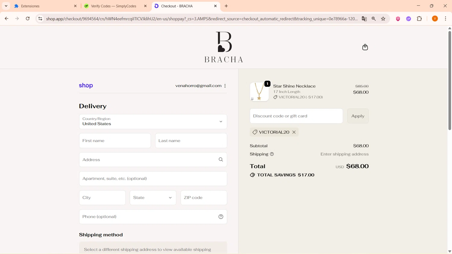 Bracha discount code screenshot showing code victorial20 applied at Bracha checkout page. Uploaded by SimplyCodes community member FortunateFinder9465 on Oct 28, 2025
