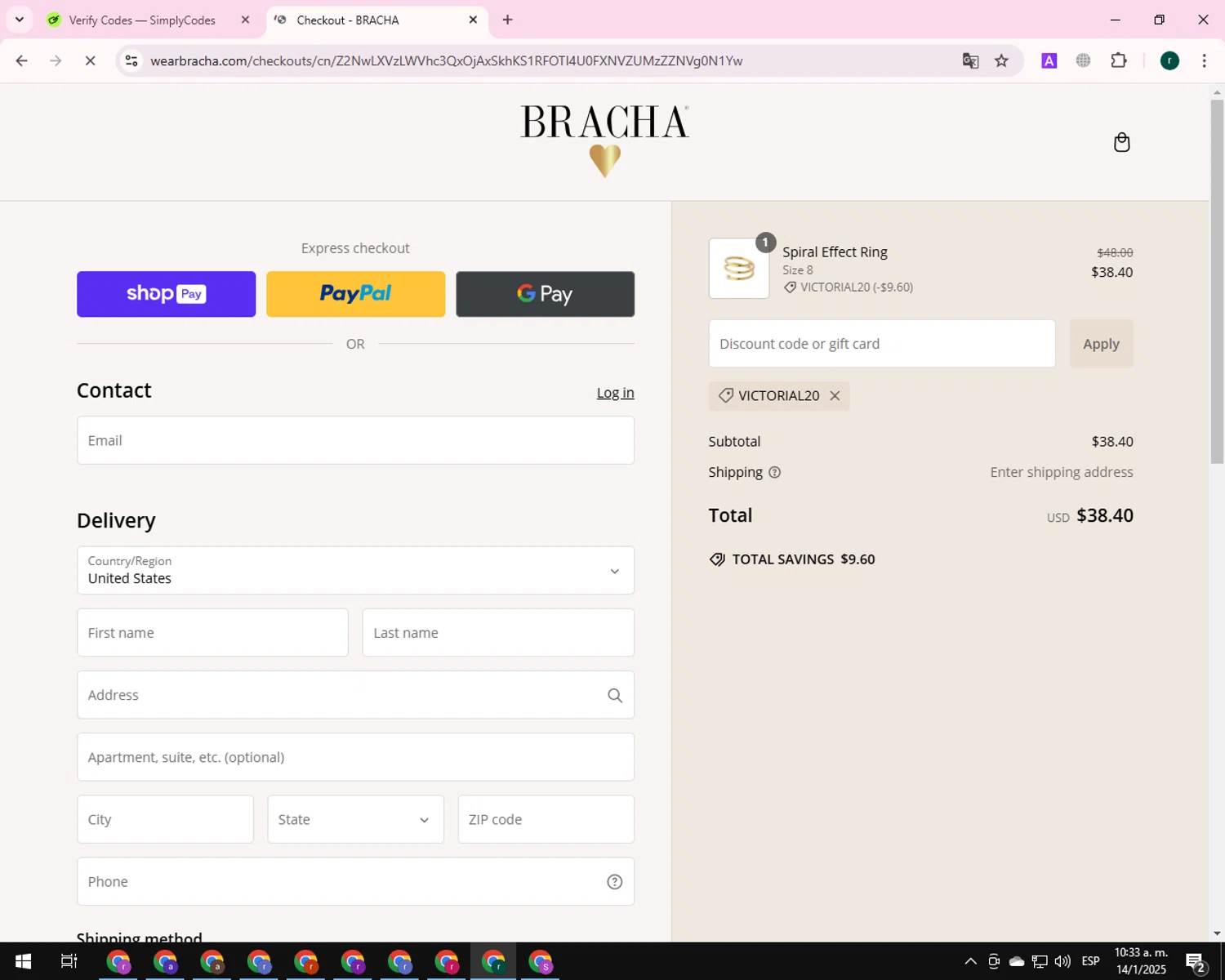 Bracha discount code screenshot showing code victorial20 applied at Bracha checkout page. Uploaded by SimplyCodes community member BrilliantSleuth9299 on Jan 14, 2025