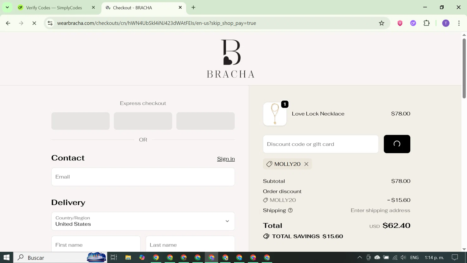 Bracha discount code screenshot showing code MOLLY20 applied at Bracha checkout page. Uploaded by SimplyCodes community member FortunateCurator5882 on Oct 24, 2025