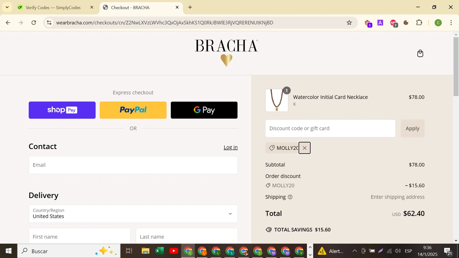 Bracha discount code screenshot showing code MOLLY20 applied at Bracha checkout page. Uploaded by SimplyCodes community member DealHunter2862 on Jan 14, 2025