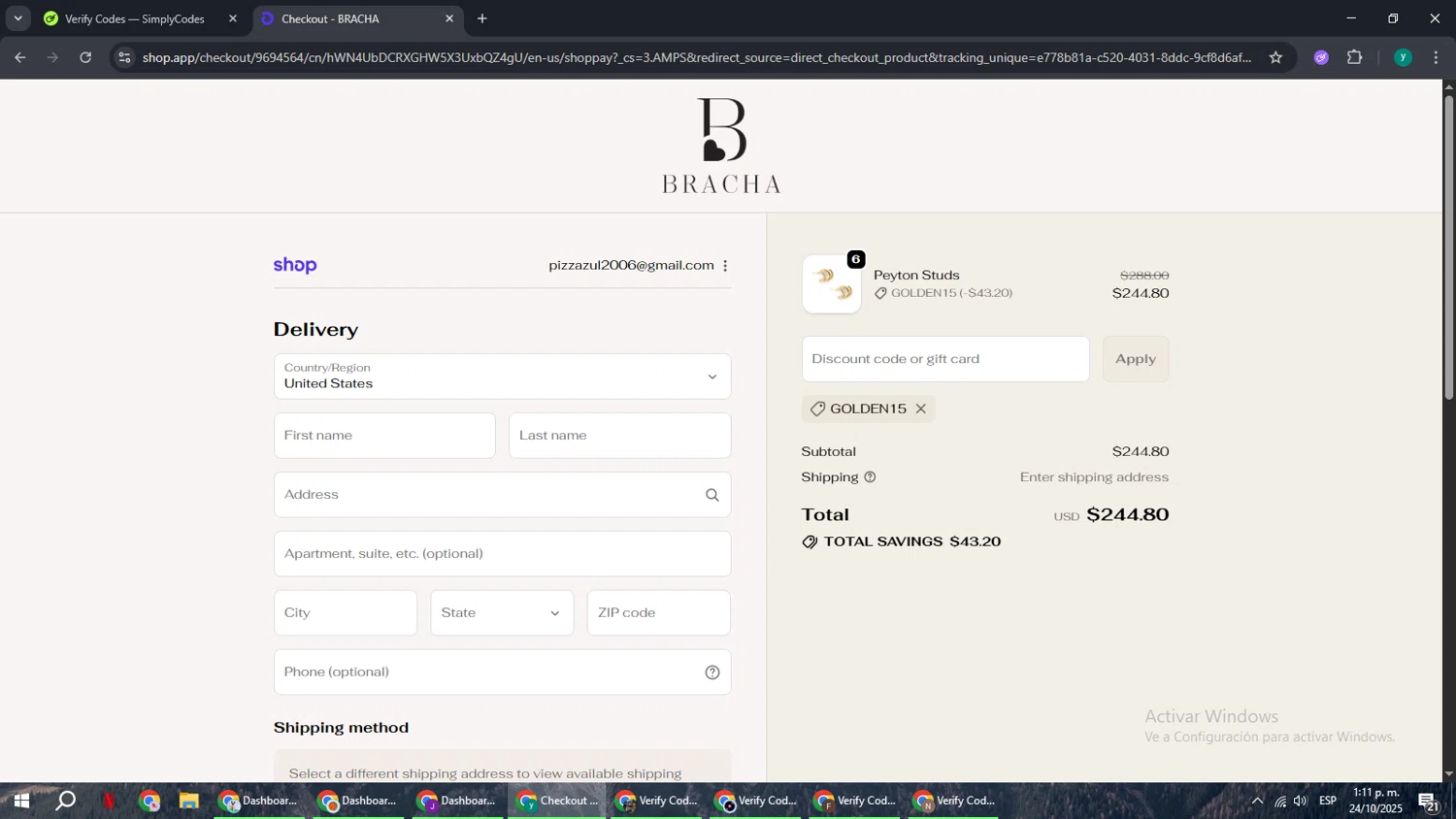 Bracha discount code screenshot showing code golden15 applied at Bracha checkout page. Uploaded by SimplyCodes community member FrugalCaptain6906 on Oct 24, 2025