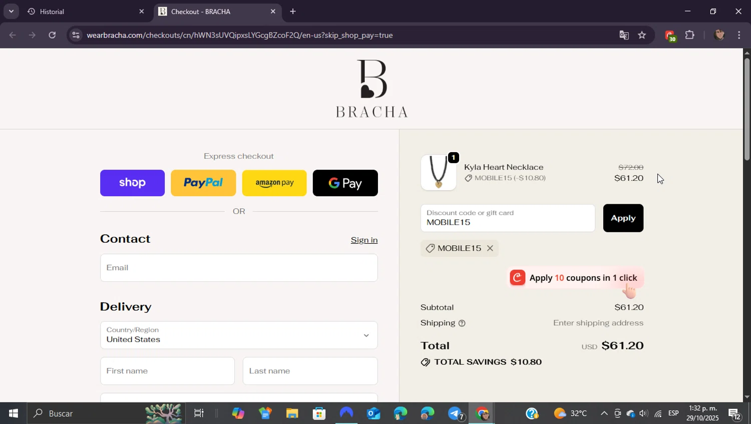 Bracha discount code screenshot showing code MOBILE15 applied at Bracha checkout page. Uploaded by SimplyCodes community member ShieldEagle9436 on Oct 29, 2025