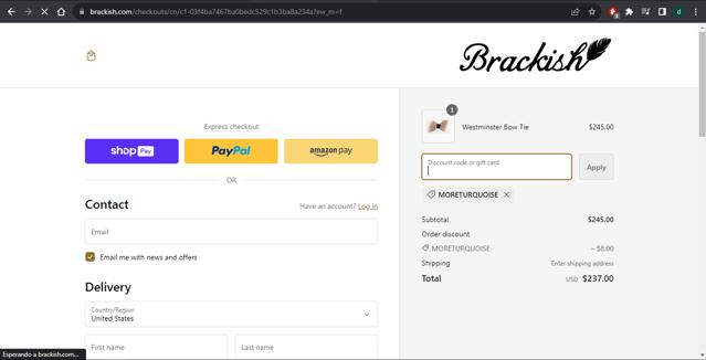 Brackish checkout page showing Brackish discount code box | Screenshot taken by SimplyCodes community member on Nov 28, 2023