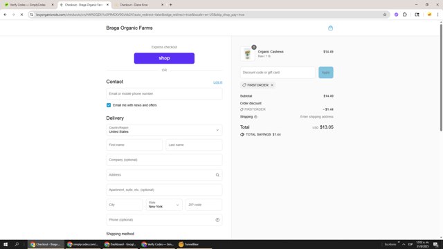 Braga Organic Farms checkout page showing Braga Organic Farms discount code box | Screenshot taken by SimplyCodes community member on Aug 31, 2025