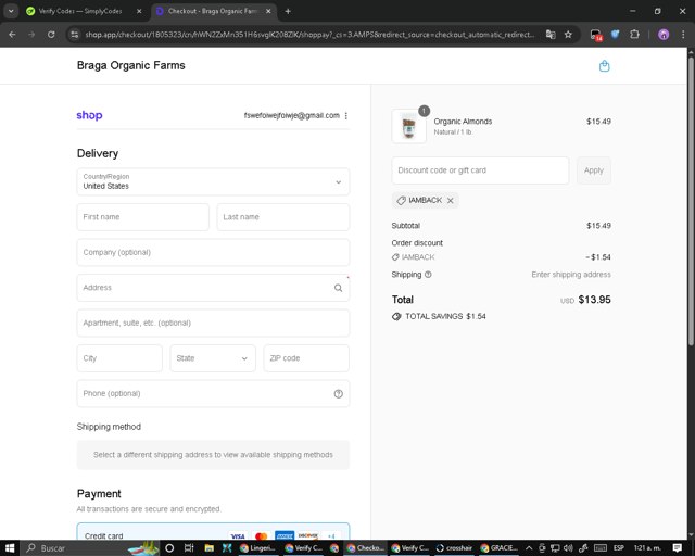Braga Organic Farms checkout page showing Braga Organic Farms discount code box | Screenshot taken by SimplyCodes community member on Sep 4, 2025
