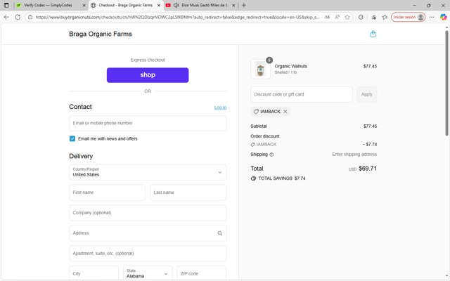 Braga Organic Farms checkout page showing Braga Organic Farms discount code box | Screenshot taken by SimplyCodes community member on Aug 31, 2025