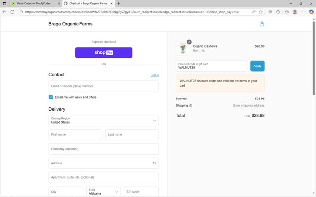 Braga Organic Farms checkout page showing Braga Organic Farms discount code box | Screenshot taken by SimplyCodes community member on Aug 23, 2025
