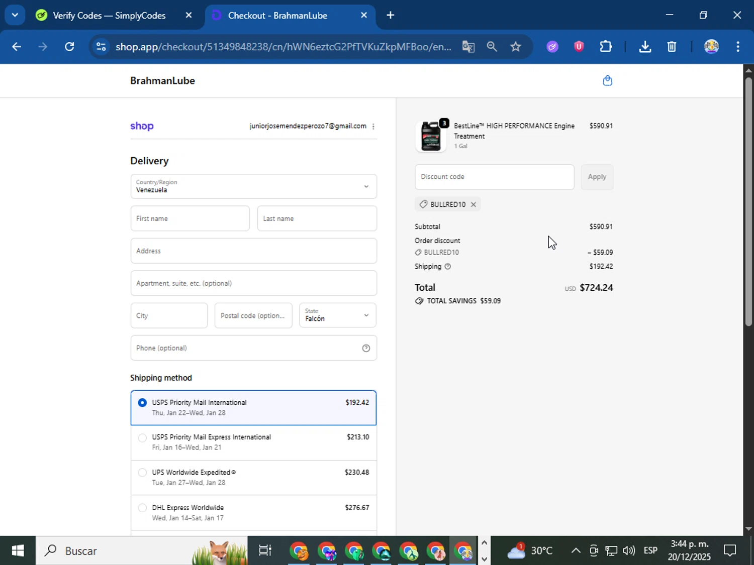BrahmanLube Lubricants promo code screenshot showing code bullred10 applied at BrahmanLube Lubricants checkout page. Uploaded by SimplyCodes community member Bope_________ on Dec 20, 2025