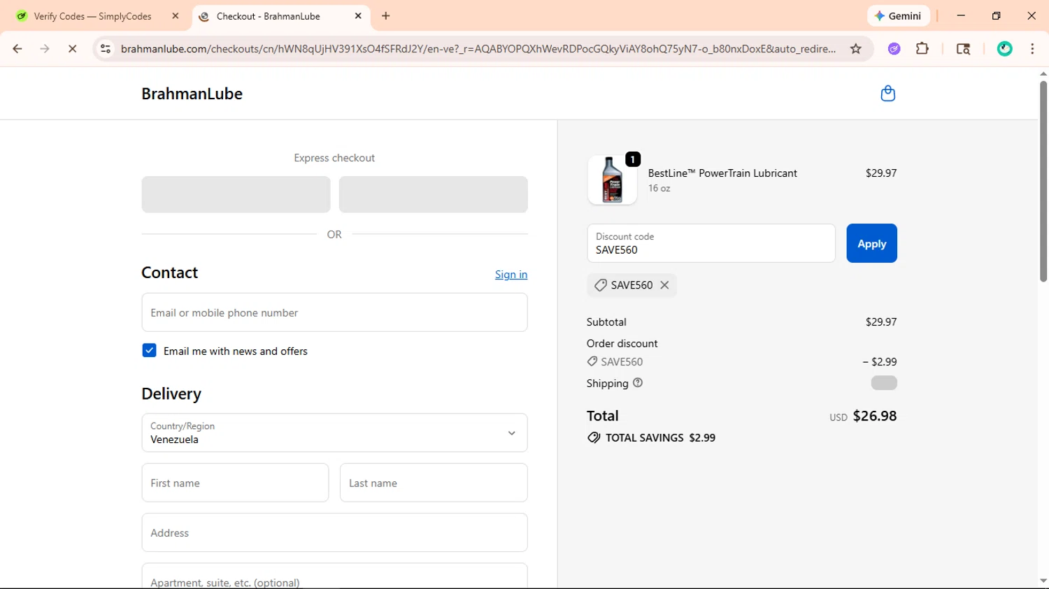 BrahmanLube Lubricants promo code screenshot showing code SAVE560 applied at BrahmanLube Lubricants checkout page. Uploaded by SimplyCodes community member ShieldLegend9691 on Feb 16, 2026