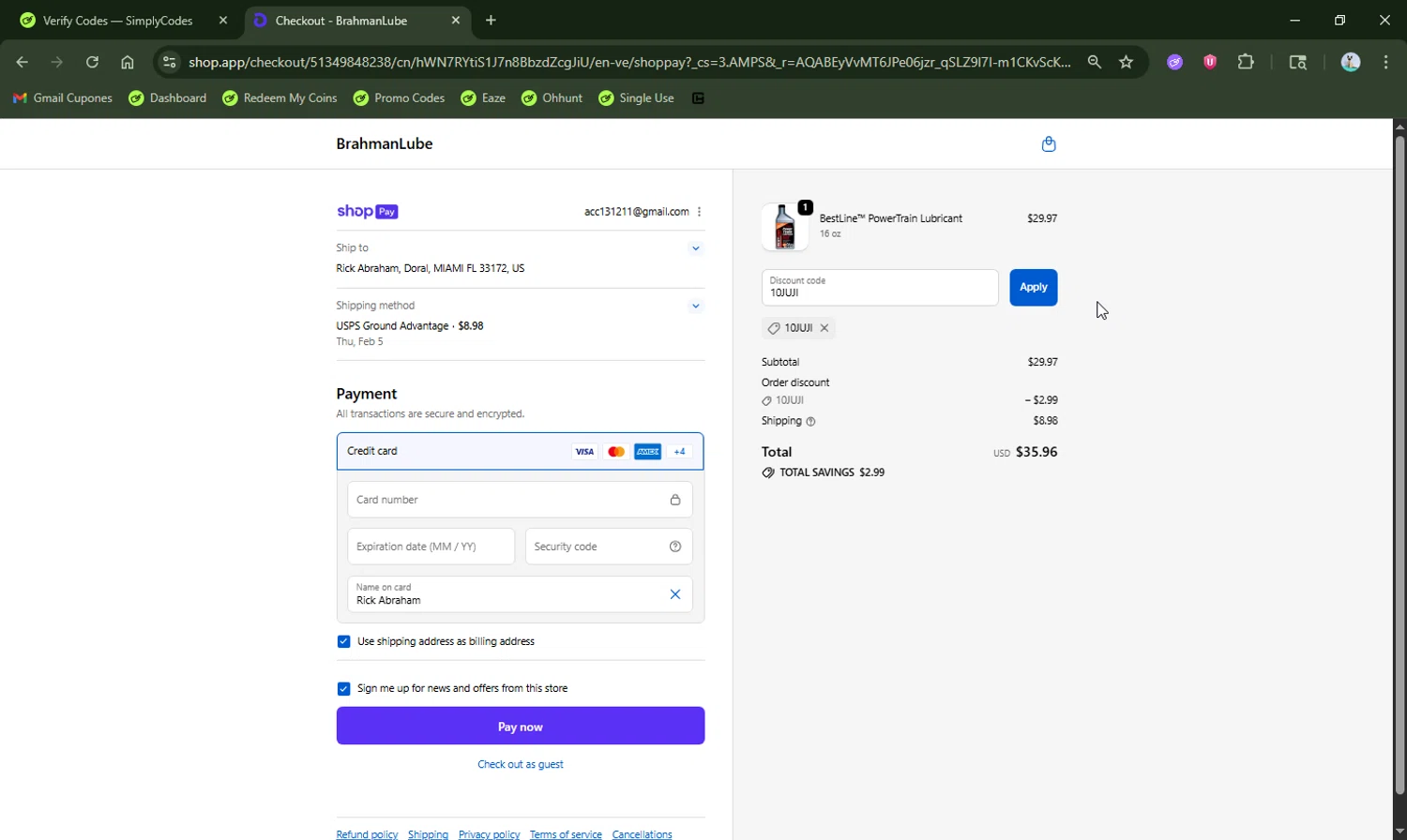 BrahmanLube Lubricants promo code screenshot showing code 10JUJI applied at BrahmanLube Lubricants checkout page. Uploaded by SimplyCodes community member LHaunter2 on Jan 10, 2026