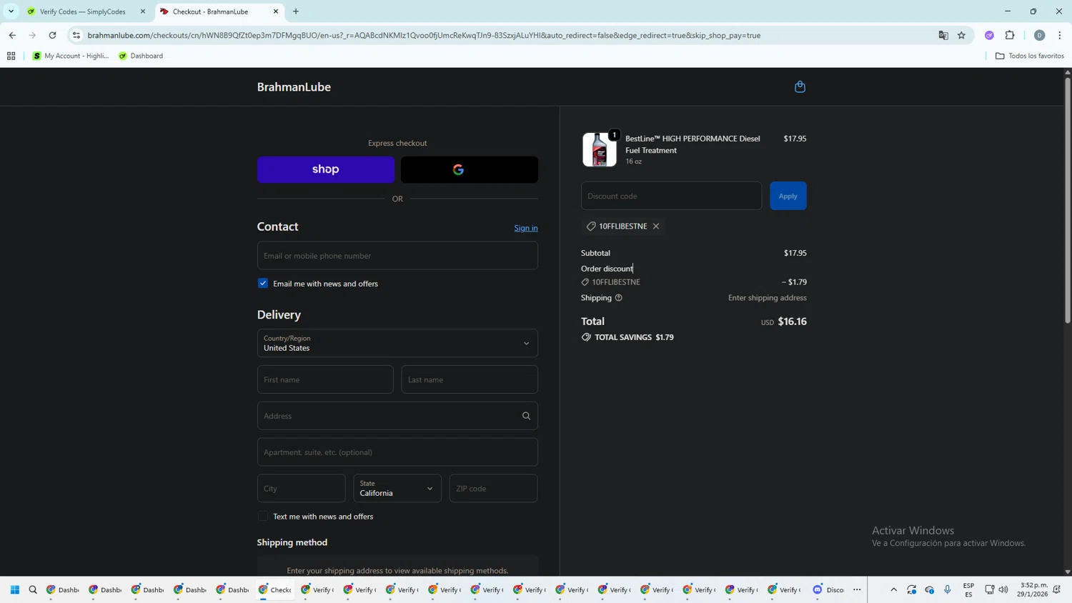 BrahmanLube Lubricants promo code screenshot showing code 10fflibestne applied at BrahmanLube Lubricants checkout page. Uploaded by SimplyCodes community member ScanMaven5756 on Jan 29, 2026