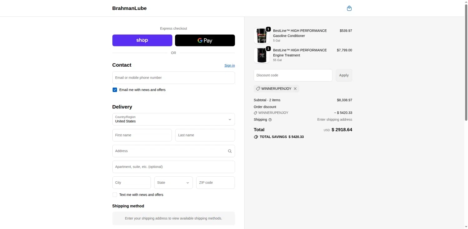 BrahmanLube Lubricants promo code screenshot showing code WINNERUPENJOY applied at BrahmanLube Lubricants checkout page. Uploaded by SimplyCodes community member DealExpert4491 on Dec 20, 2025