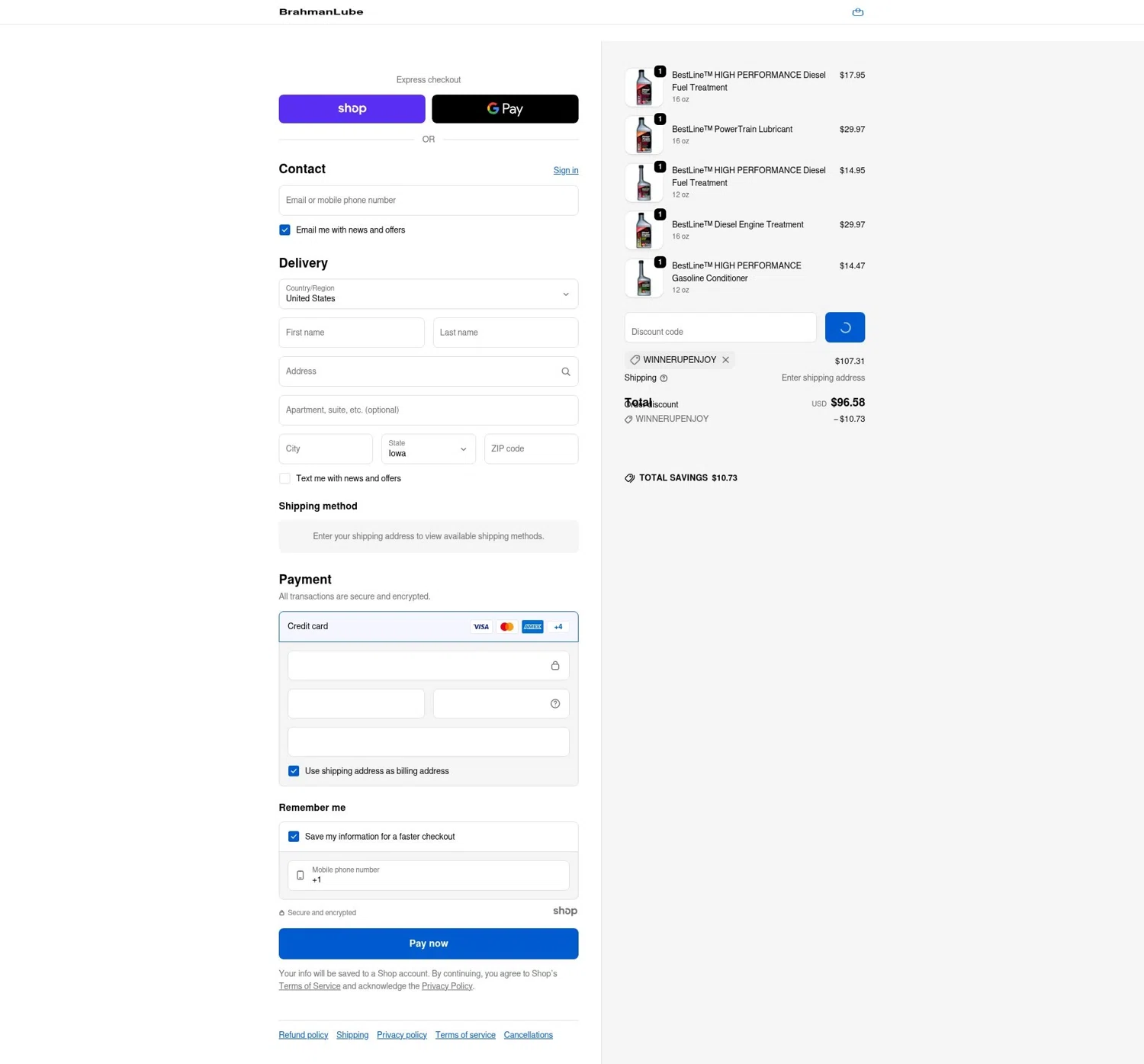 BrahmanLube Lubricants promo code screenshot showing code WINNERUPENJOY applied at BrahmanLube Lubricants checkout page. Uploaded by SimplyCodes community member LOgoter on Jan 6, 2026