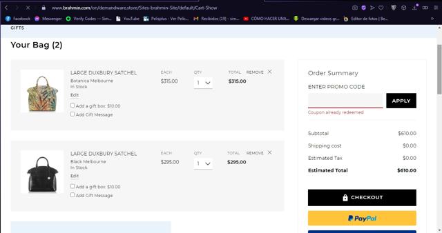 Brahmin checkout page showing Brahmin promo code box | Screenshot taken by SimplyCodes community member on Apr 27, 2021