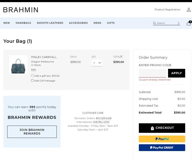 Brahmin checkout page showing Brahmin promo code box | Screenshot taken by SimplyCodes community member on May 13, 2021