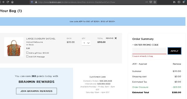 Brahmin checkout page showing Brahmin promo code box | Screenshot taken by SimplyCodes community member on Nov 26, 2020