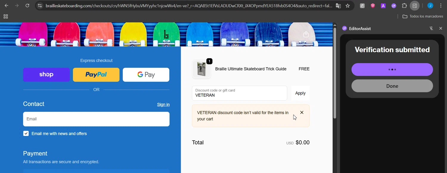 Braille Skateboarding discount code screenshot showing code VETERAN applied at Braille Skateboarding checkout page. Uploaded by SimplyCodes community member Jeanjc on Nov 24, 2025