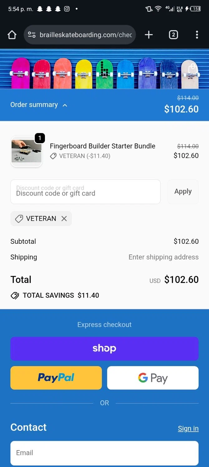 Braille Skateboarding discount code screenshot showing code VETERAN applied at Braille Skateboarding checkout page. Uploaded by SimplyCodes community member Sasuk3 on Sep 24, 2025