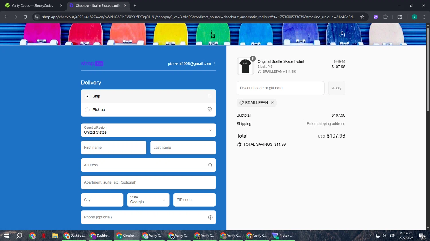 Braille Skateboarding discount code screenshot showing code BRAILLEFAN applied at Braille Skateboarding checkout page. Uploaded by SimplyCodes community member FrugalCaptain6906 on Jul 27, 2025