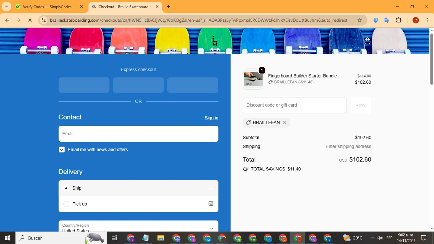 Braille Skateboarding discount code screenshot showing code BRAILLEFAN applied at Braille Skateboarding checkout page. Uploaded by SimplyCodes community member Playstatiton2 on Nov 14, 2025