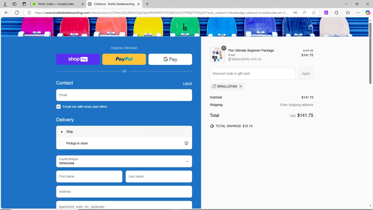 Braille Skateboarding discount code screenshot showing code BRAILLEFAN applied at Braille Skateboarding checkout page. Uploaded by SimplyCodes community member CrownShopper2899 on Apr 26, 2025