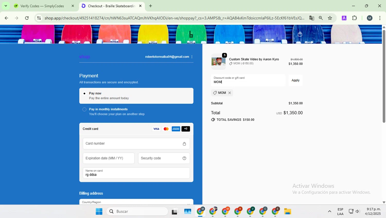 Braille Skateboarding discount code screenshot showing code MOM applied at Braille Skateboarding checkout page. Uploaded by SimplyCodes community member EpicCaptain5837 on Dec 5, 2025