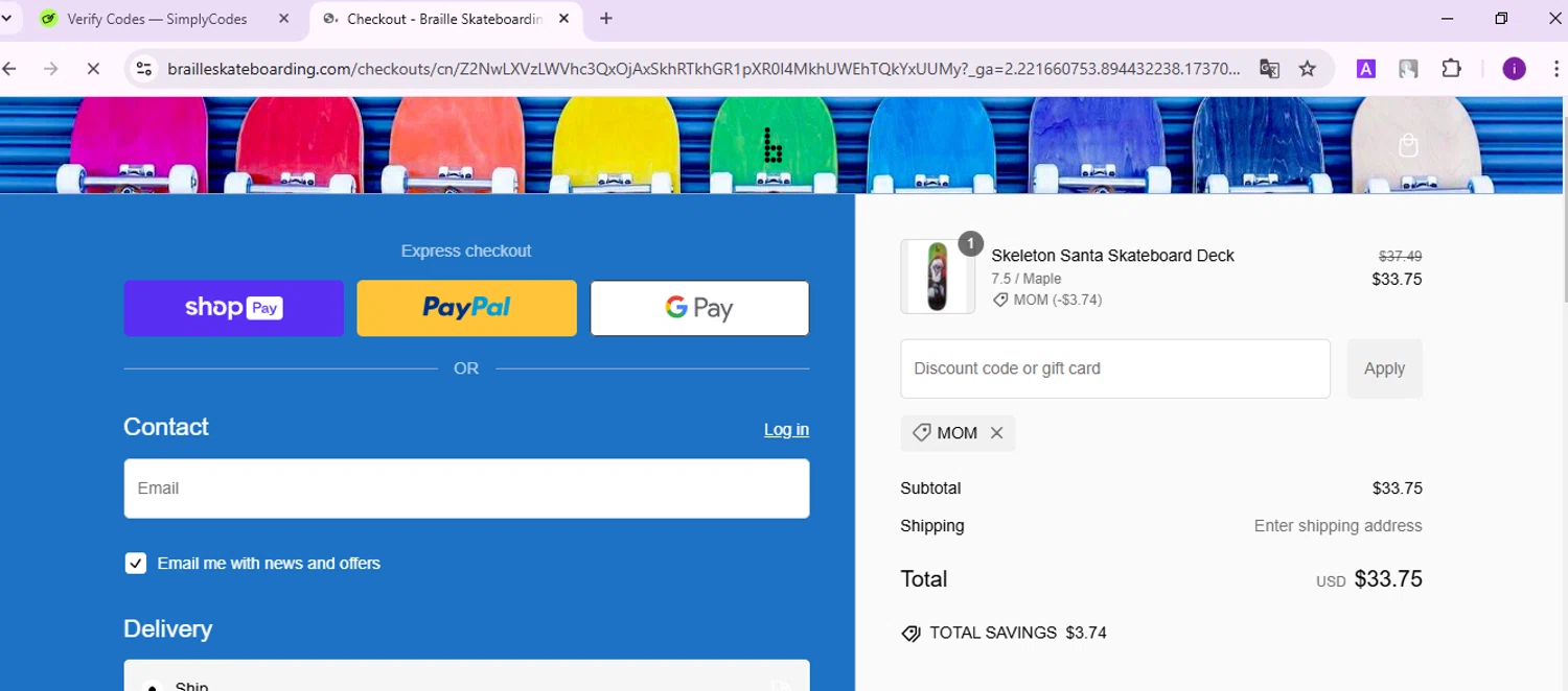 Braille Skateboarding discount code screenshot showing code MOM applied at Braille Skateboarding checkout page. Uploaded by SimplyCodes community member SalePro7215 on Jan 16, 2025