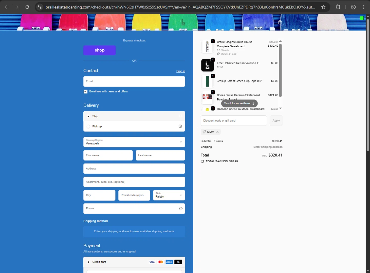 Braille Skateboarding discount code screenshot showing code MOM applied at Braille Skateboarding checkout page. Uploaded by SimplyCodes community member jickselyspolanco on Dec 10, 2025
