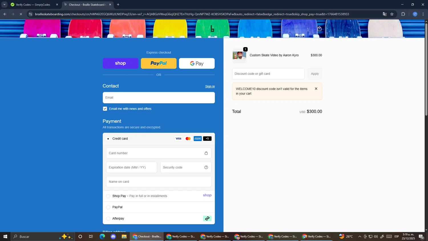 Braille Skateboarding discount code screenshot showing code WELCOME10 applied at Braille Skateboarding checkout page. Uploaded by SimplyCodes community member RoyalExpert3857 on Dec 23, 2025