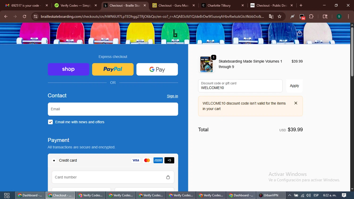 Braille Skateboarding discount code screenshot showing code WELCOME10 applied at Braille Skateboarding checkout page. Uploaded by SimplyCodes community member ShrewdAce7935 on Dec 16, 2025