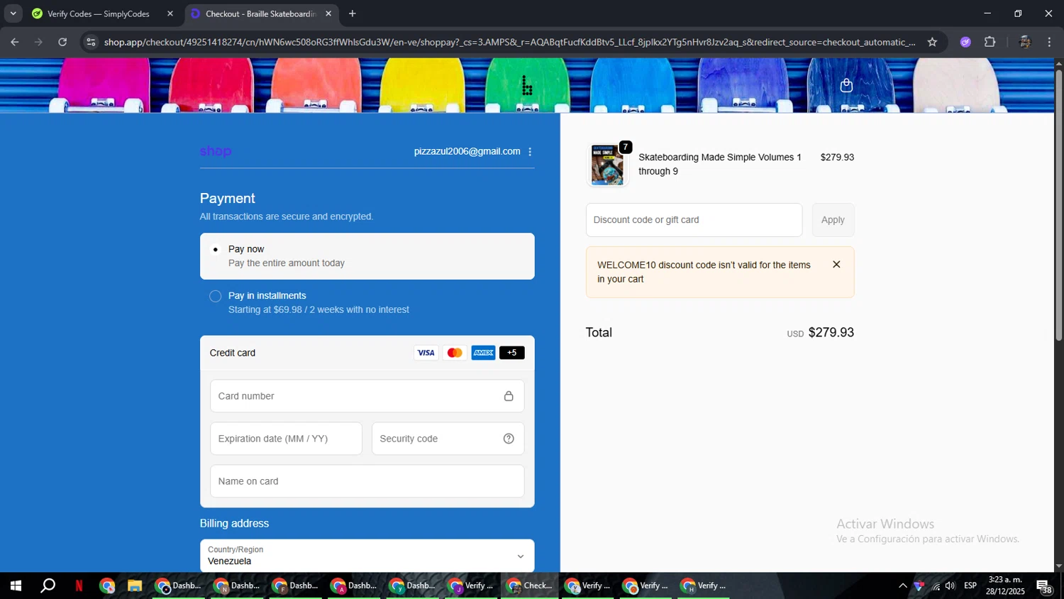 Braille Skateboarding discount code screenshot showing code WELCOME10 applied at Braille Skateboarding checkout page. Uploaded by SimplyCodes community member xxdddd on Dec 28, 2025